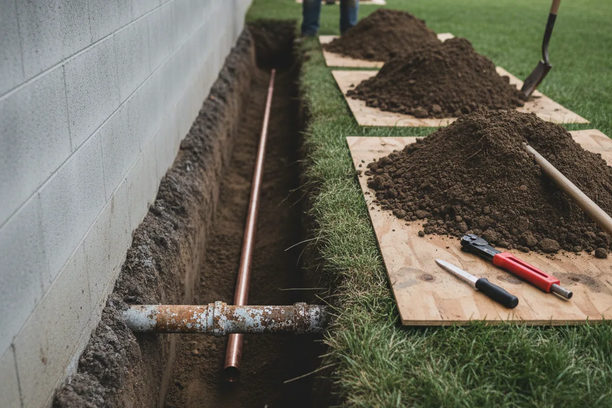 Excavated water line trench during Water Heater Repair in Melvin